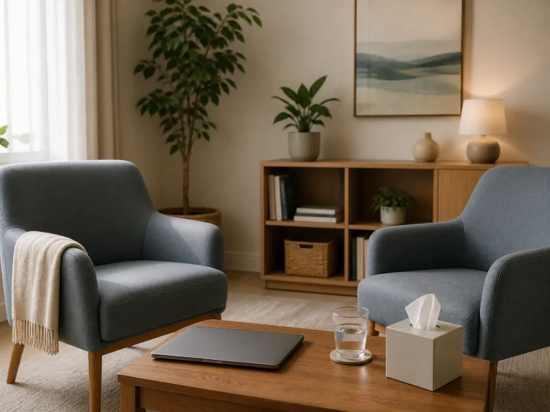 Consulta privada preparada con dos sillones, agua, pañuelos y un computador cerrado