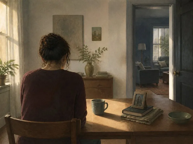 Persona vista de espaldas en una casa, con un recuerdo cercano y una puerta abierta al fondo