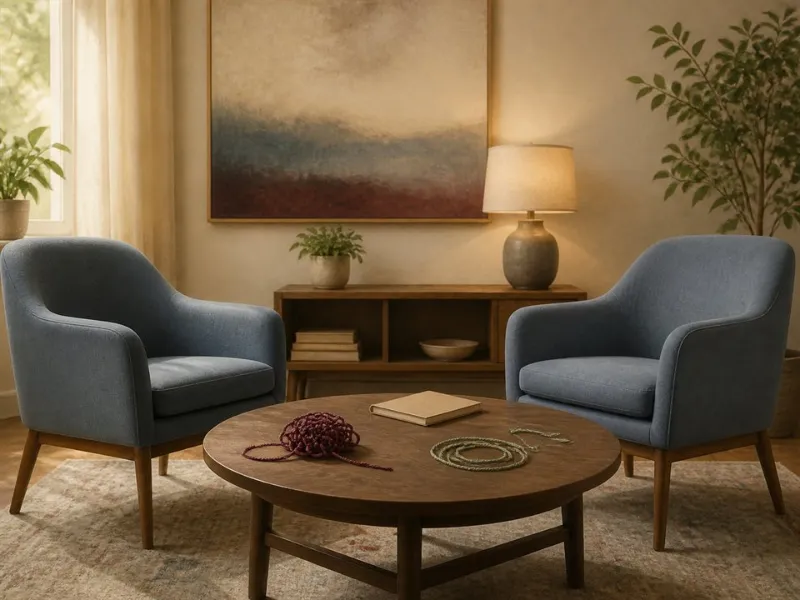 Dos sillones a la misma altura con hilos que representan un trabajo terapéutico gradual
