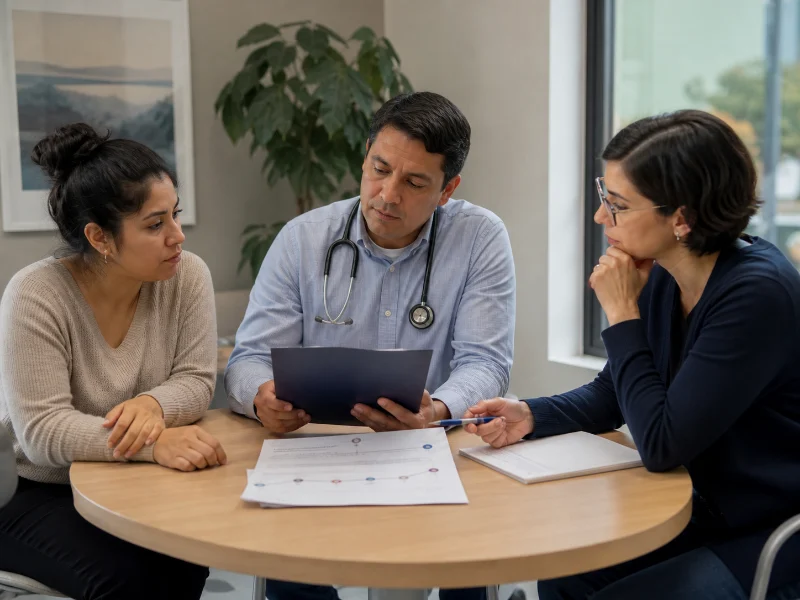 Paciente, m&eacute;dica y psiquiatra revisan juntos una explicaci&oacute;n m&eacute;dica y psiqui&aacute;trica integrada