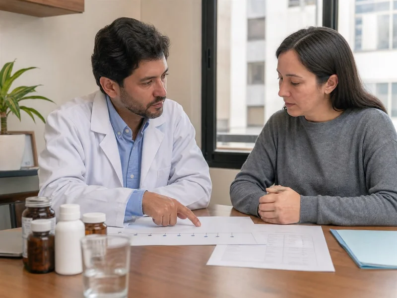 Paciente y médico revisan juntos la evolución de la fatiga y los antecedentes clínicos