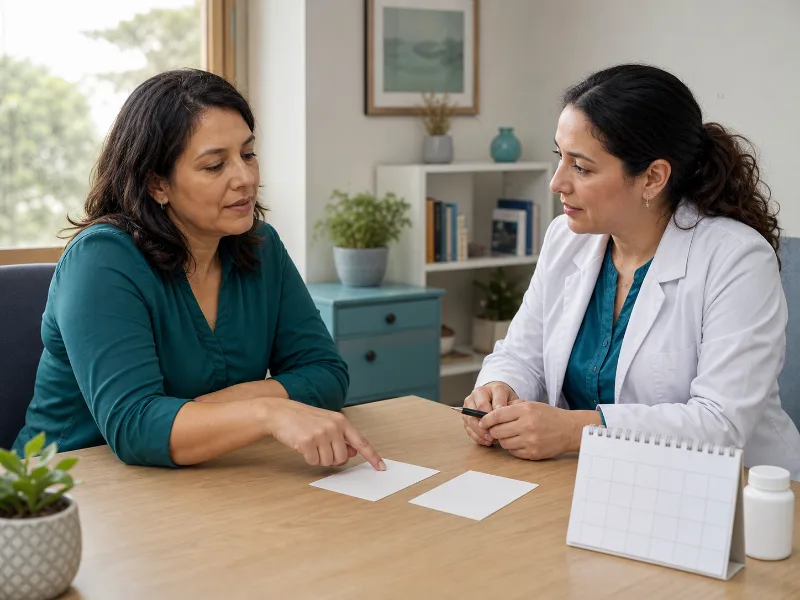 Paciente y médica comparando opciones, plazos y seguimiento del tratamiento