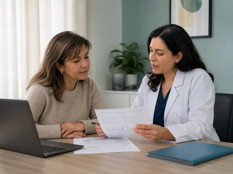 Paciente y médica revisando una selección prudente de exámenes clínicos