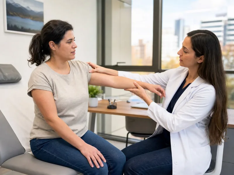 Evaluación clínica cuidadosa del brazo y el movimiento en una paciente con dolor generalizado