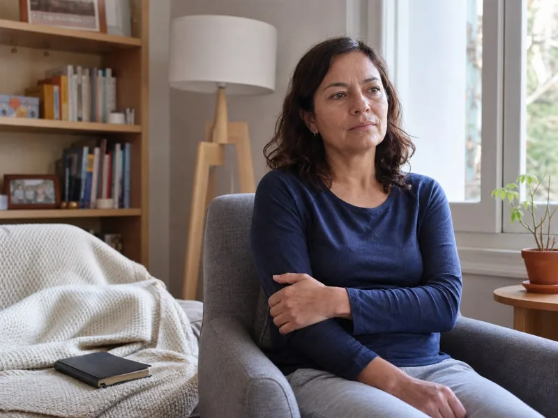Mujer adulta descansando y sosteniendo suavemente su antebrazo durante un día de dolor generalizado