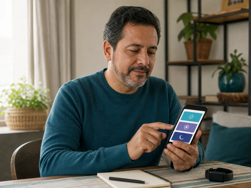 Hombre adulto usando una herramienta digital sencilla para registrar su actividad
