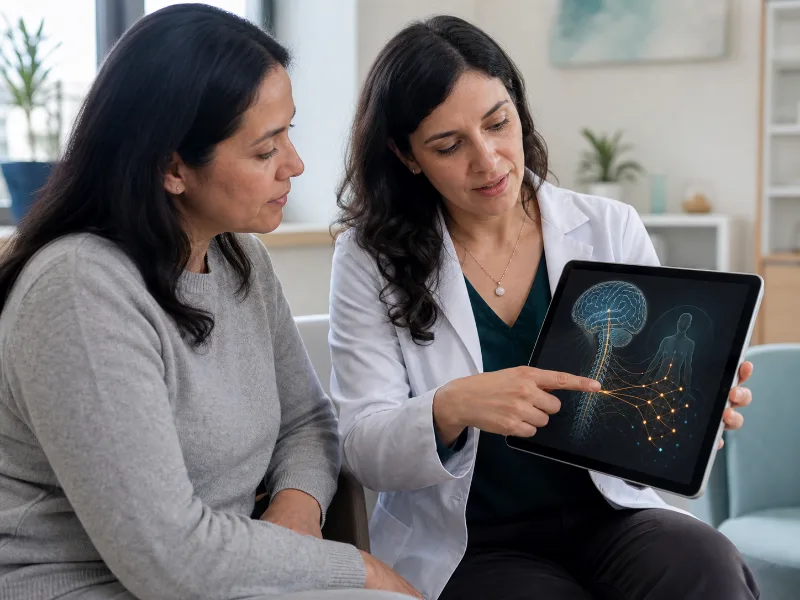 Médica explicando en una tableta cómo el sistema nervioso modula las señales de dolor