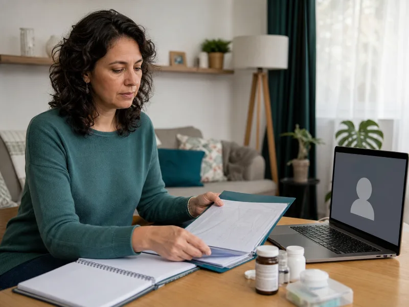 Mujer preparando antecedentes, medicamentos y preguntas para una consulta por telemedicina
