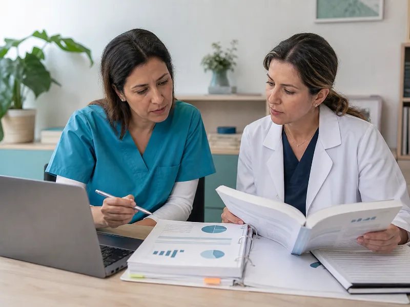 Profesionales revisando guías clínicas y evidencia sobre fibromialgia