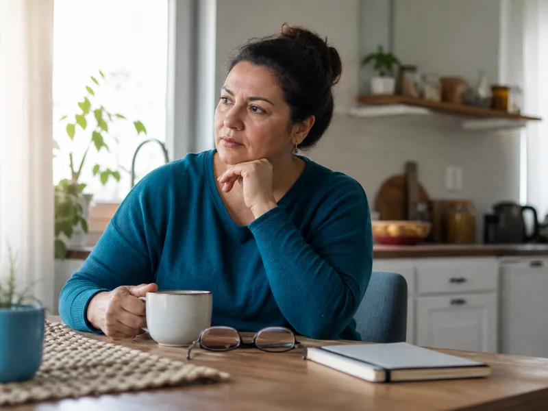 Mujer adulta con fatiga y dificultad para concentrarse mientras revisa sus notas