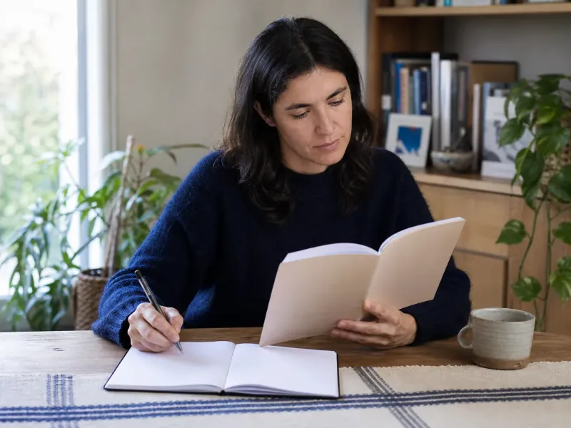 Adulta utilizando un cuaderno de autoayuda y tomando notas