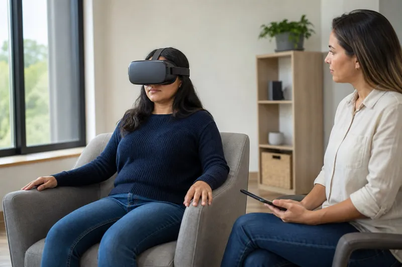 Adulta realiza una práctica de realidad virtual sentada y acompañada por una profesional