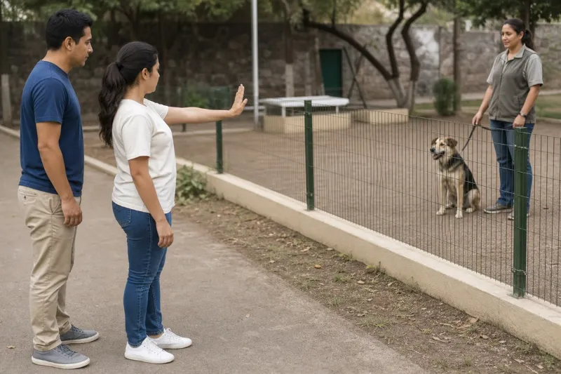 Adulta usa una señal de pausa durante una práctica segura con un perro sujeto detrás de una barrera