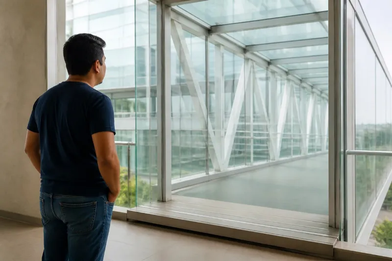 Adulto observa desde una distancia segura la entrada de un puente peatonal completamente cerrado