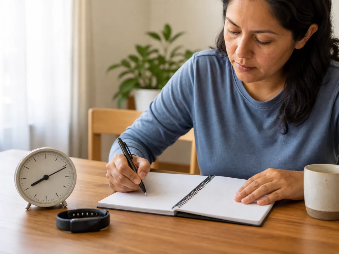 Persona registra horarios, siestas y episodios de sueño en un diario junto a un reloj y una pulsera de actividad