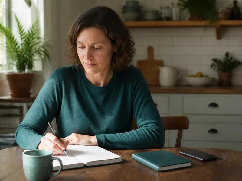 Adulta registrando los primeros pasos de recuperación en un cuaderno