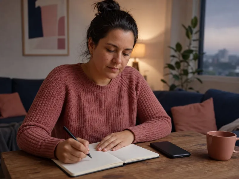 Persona escribiendo antes de actuar, con el teléfono apartado para crear una pausa
