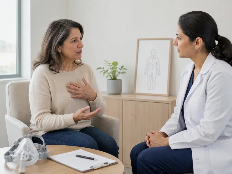 Mujer conversa con una médica sobre síntomas coexistentes y posible apnea del sueño