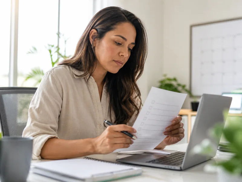 Mujer revisa una tarea con atención ante el impacto diurno del insomnio
