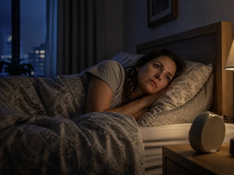 Mujer adulta despierta durante la noche con el reloj fuera de vista para reducir el monitoreo de la hora
