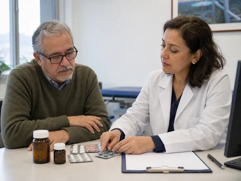 Paciente mayor y médica revisan medicamentos e interacciones antes de tratar el insomnio