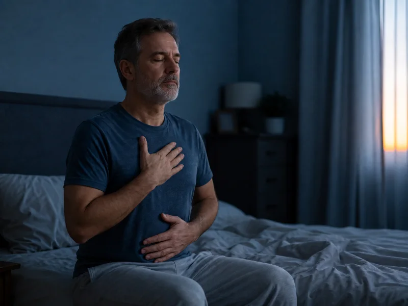 Adulto practica respiración lenta al amanecer para reducir la activación fisiológica asociada al insomnio