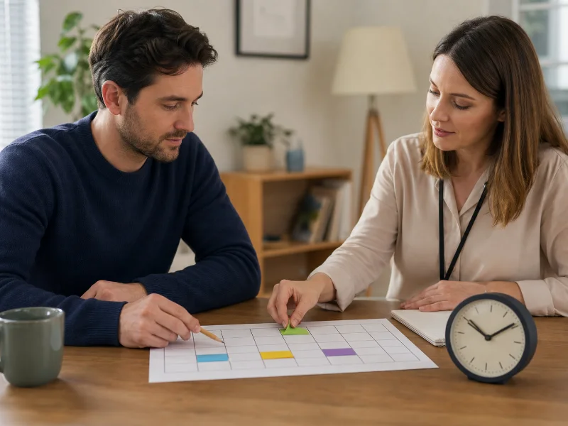Paciente y profesional organizan un plan gradual de sueño en un calendario semanal