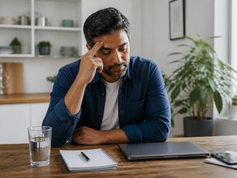 Adulto fatigado hace una pausa ante problemas de concentración después de dormir mal