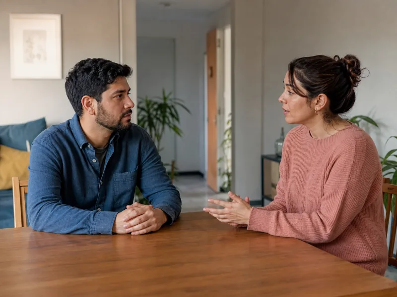 Pareja conversando con calma después de un momento de irritabilidad