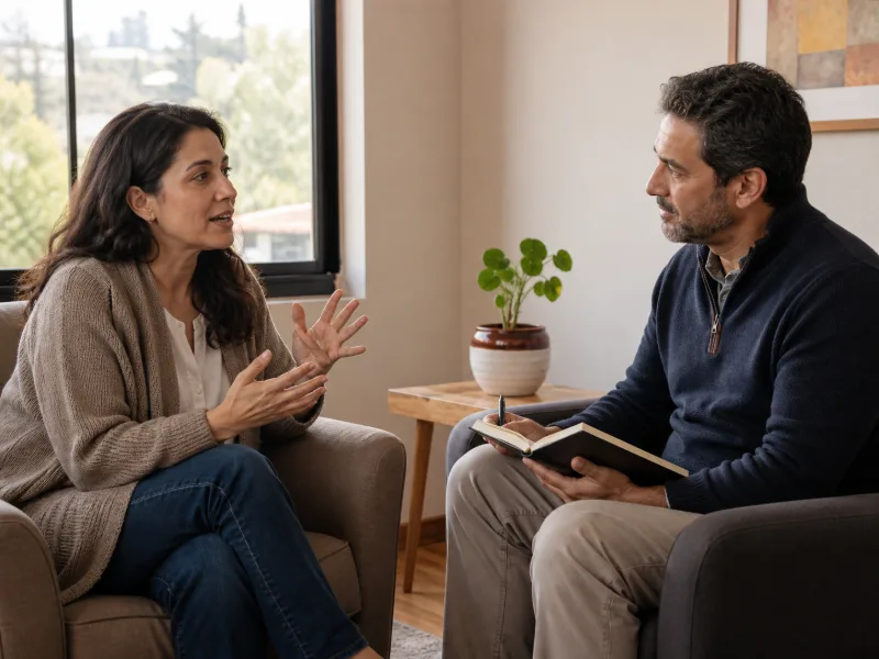 Adulta plantea preguntas durante una conversación clínica atenta y respetuosa