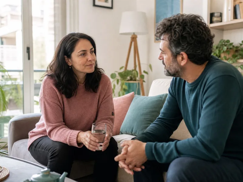 Dos adultos conversan con calma después de una pausa, sin asociar irritabilidad con violencia