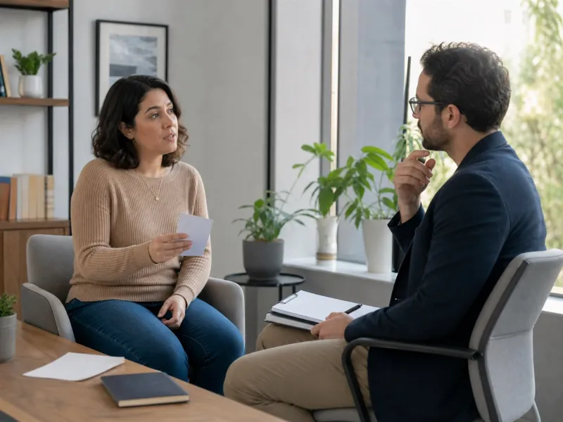Persona adulta conversando con un profesional en una evaluación confidencial