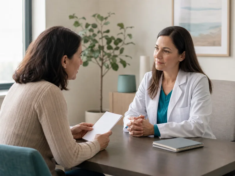 Paciente adulta plantea preguntas mientras una profesional de salud escucha atentamente en una consulta privada