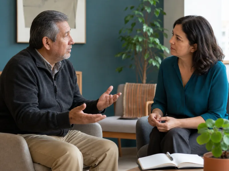 Adulto planteando preguntas sobre manía e hipomanía durante una consulta psiquiátrica.