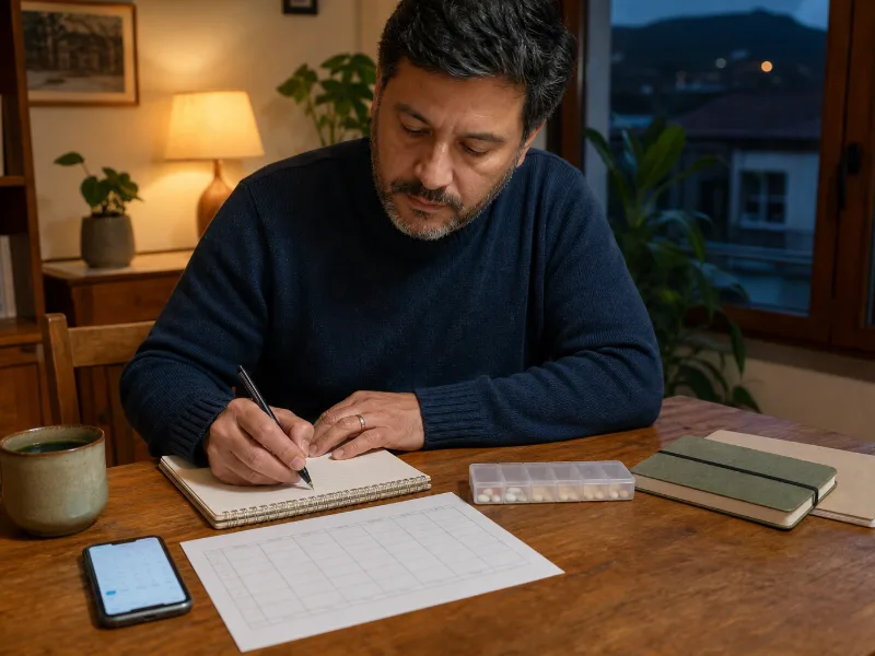 Adulto preparando un registro de sueño, medicación y cambios recientes para la consulta.
