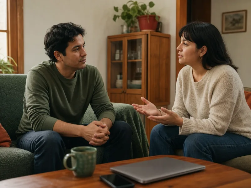 Persona cercana conversando con calma sobre cambios de sueño, ánimo, energía y funcionamiento.