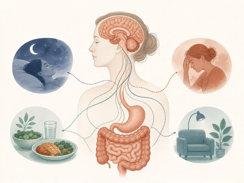 Ilustración del diálogo entre cerebro, intestino, sueño, estrés y entorno