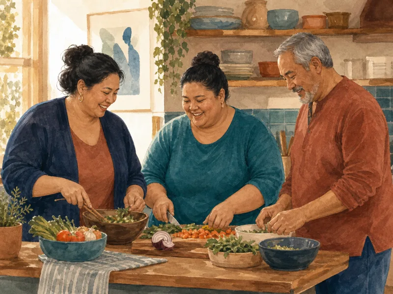 Familia prepara una comida compartida como apoyo práctico y sin vigilancia