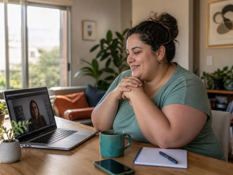 Mujer adulta participa desde su casa en una consulta de salud por videollamada