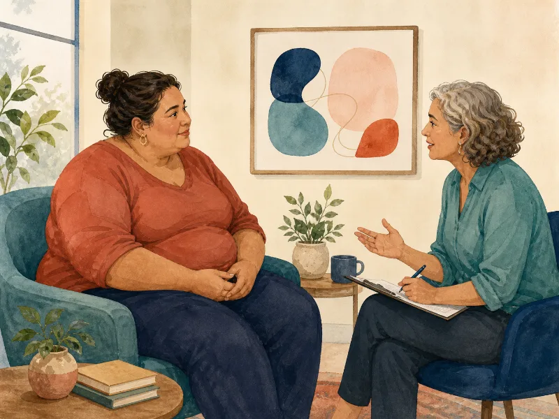 Persona adulta y profesional conversan sobre adiposidad, salud y función sin estigma