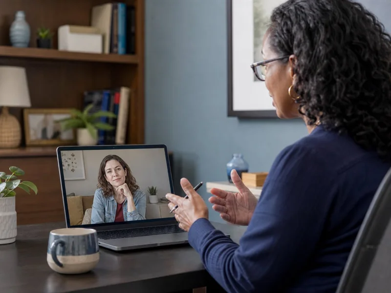 Psiquiatra y paciente adulta conversan por telemedicina en un espacio privado