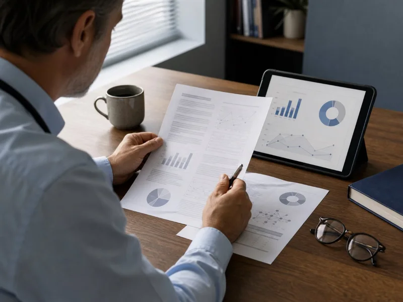 Profesional clínico revisa investigaciones y gráficos sin datos identificables