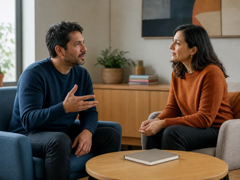 Paciente adulto plantea una pregunta y una psiquiatra escucha durante una conversación clínica