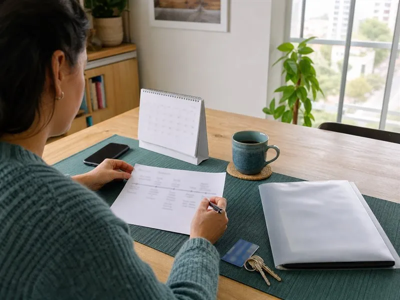 Adulta organiza una línea de tiempo, antecedentes y preguntas antes de una consulta clínica