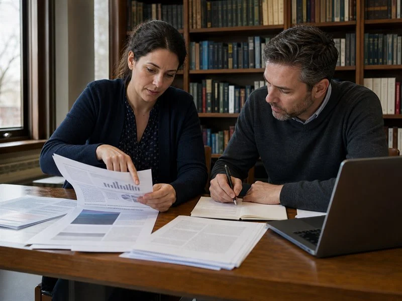 Dos adultos comparan publicaciones clínicas y toman notas durante una revisión crítica de la evidencia