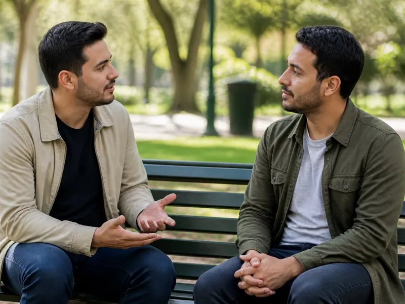 Dos adultos conversan en un parque mientras una persona escucha con calma y mantiene una distancia respetuosa.
