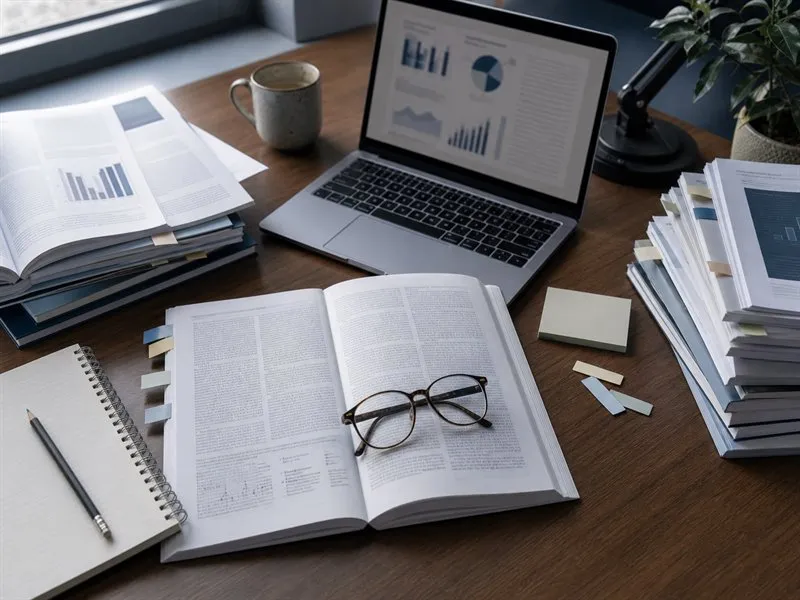 Mesa de revisión bibliográfica con artículos, gráficos sin datos identificatorios, notas y material de trabajo clínico.
