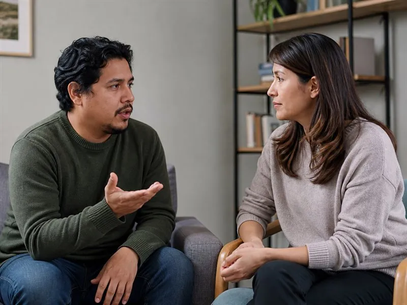 Adulto formula una pregunta durante una conversación clínica respetuosa y a la misma altura.