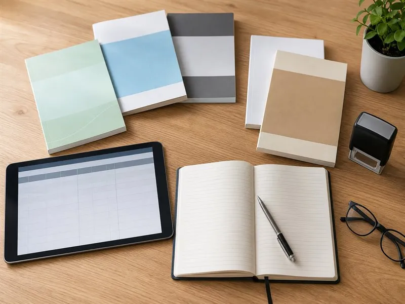 Guías clínicas sin marcas, cuaderno, tableta y material de referencia organizados para una revisión transparente.