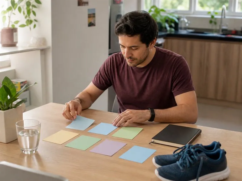 Adulto organiza una rutina semanal gradual con tarjetas en blanco, un cuaderno y calzado para caminar.